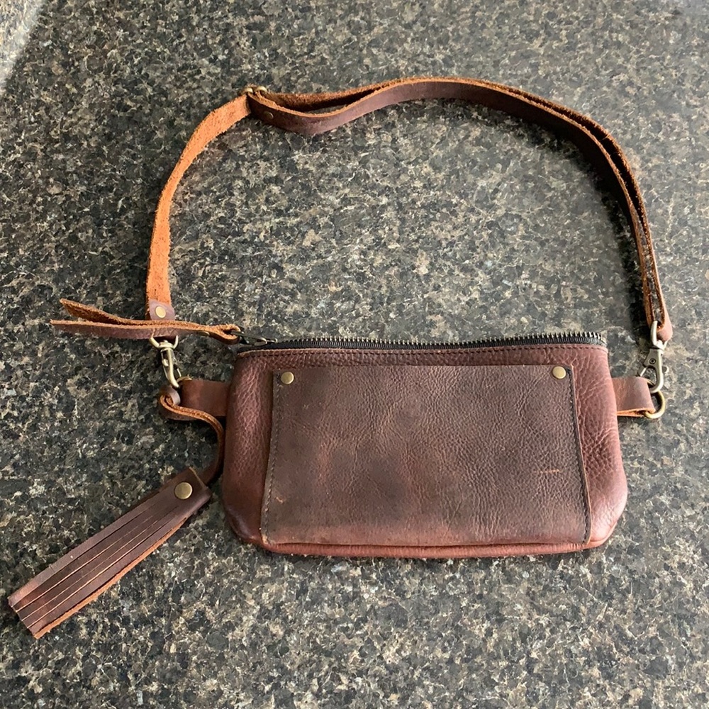 Small Brown leather adjustable waist hip bag